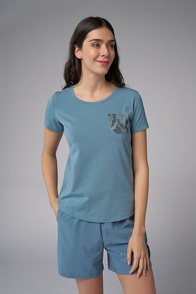 bilcee Women's Blue Pocket Stone Printed T-Shirt 4077