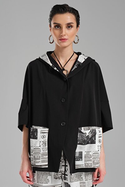 tw3 Jachetă de damă, cu glugă, cu imprimeu de ziar