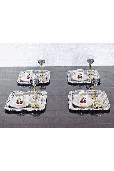 atabey home collection 6 قطع صينية تقديم وصينية للقهوة والشاي - صينية فضية مع إطار وردي فضي