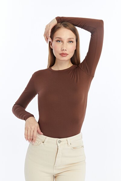 LAENT Дамска кафява блуза с дълъг ръкав и обло деколте