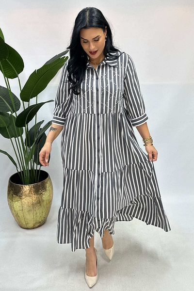 GÖKSEL Silk Fabric Striped Dress Large Size