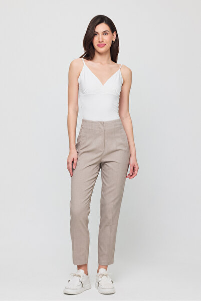 Human Base Kadın Bej Yüksek Bel Havuç Kesim Kumaş Pantolon - Bilek Boy Pantolon