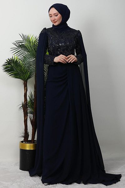GİYZAMİLA Rochie de seară modestă, albastru bleumarin