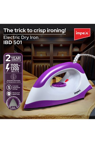 İMPEX Impex IBD 501 1300W Electric Handheld Dry Iron Box with 180 degree plaint swivel cord