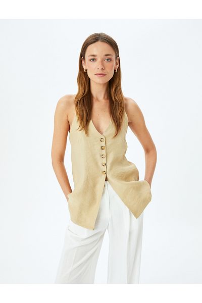 Koton New Season Back Low-Cut Detailed Halter Neck Buttoned Long Vest
