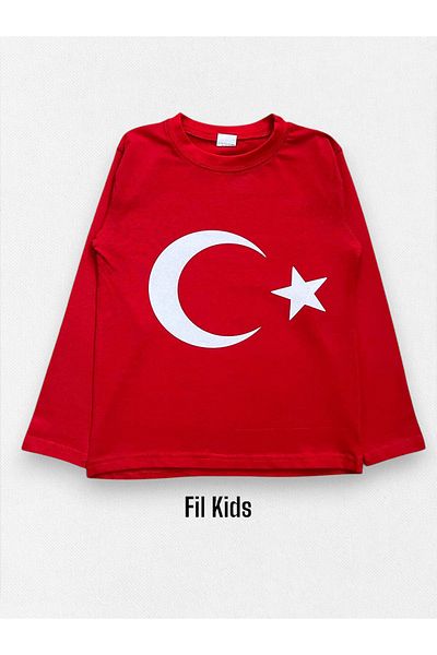 Fil Kids Children's 100% Cotton Long Sleeve Red Turkish Flag Moon Star Patterned Unisex Body (23 April)