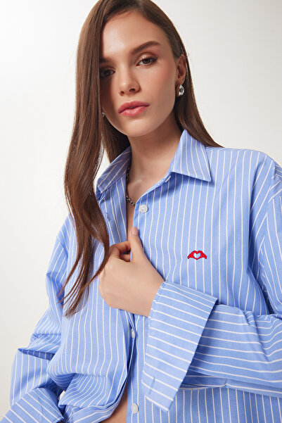 Lovelyİstanbul Luthien Heart Embroidered Striped Poplin Shirt, Blue Lus0103