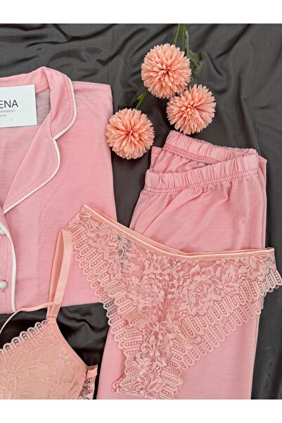 Lena Homewears Lena İç Çamaşırlı Yumoş Biye Detaylı Kısa Kollu Pijama Takımı