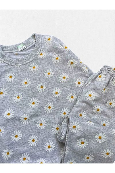 Fil Kids Girl's 100% Cotton Gray Daisy Patterned Long Sleeve Seasonal Pajama Set