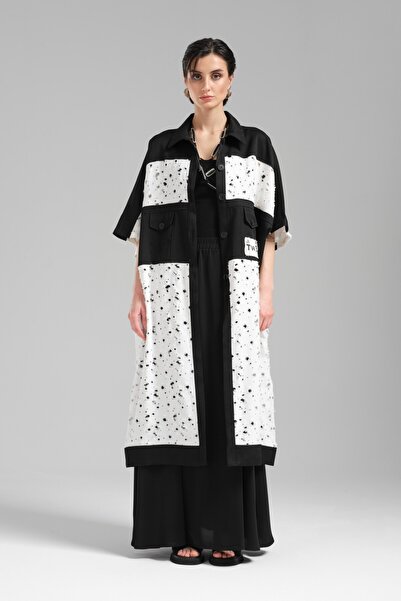 tw3 Γυναικείο μακρύ σχέδιο γιλέκο με λεπτομέρεια από υφαντό ύφασμα