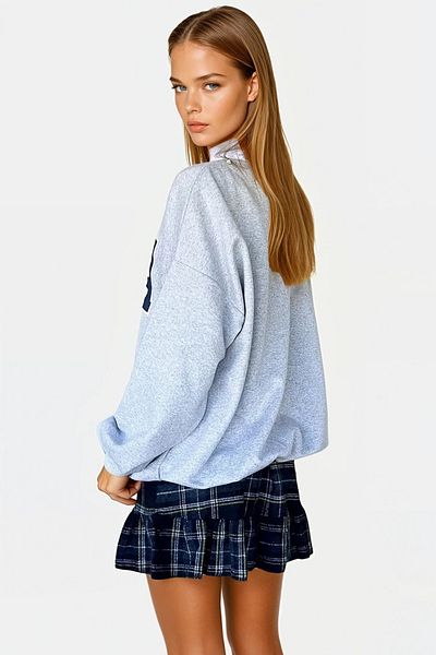 VAGGON Women's Gray Crew Neck Raised Front Printed Oversize Sweatshirt Fn00005