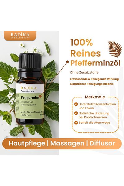 Radika Aromatherapy Pfefferminzöl, ätherisches Öl, 100% Rein, BIO, natürlich, 10 ml