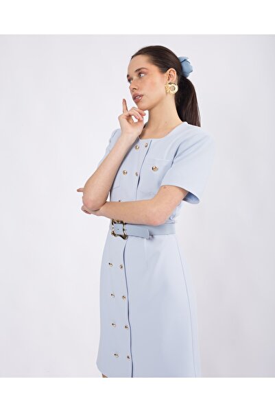 Lady Gina Yuvarlak Yaka Önü Düğme Detaylı İçi Astarlı Kısa Kollu Kemerli Elbise