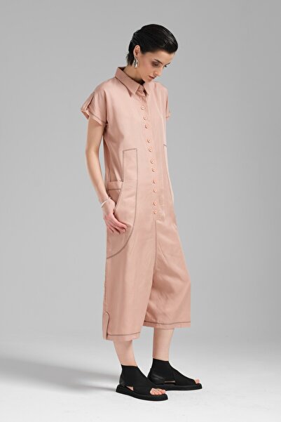 tw3 Women's Woven Fabric Short Sleeve Comfortable Fit Jumpsuit Salopet