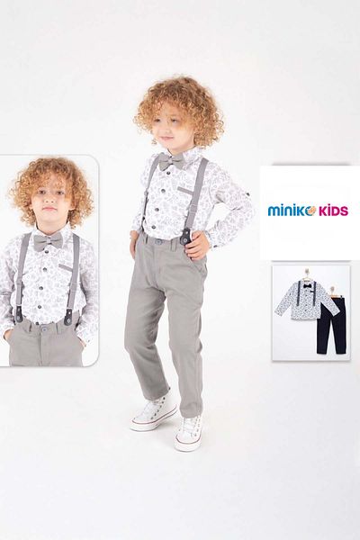 MİNİKO KİDS Boy's Shirt Pants Bow Tie Pants Suspender Suit