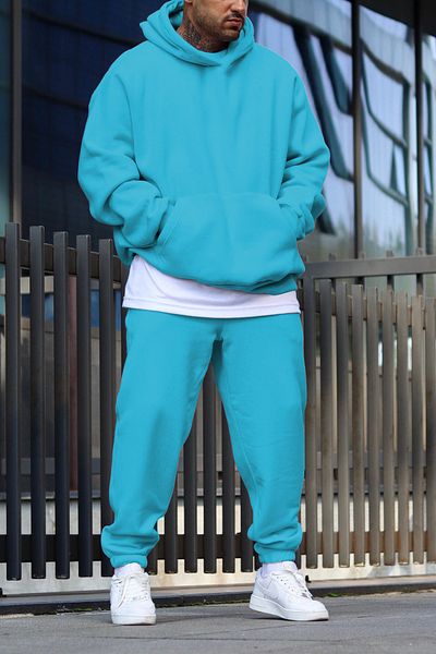 ruNadeS Men's Sports Tracksuit Set - Turquoise, 3 Thread, Fleece Oversize, Elastic Leg