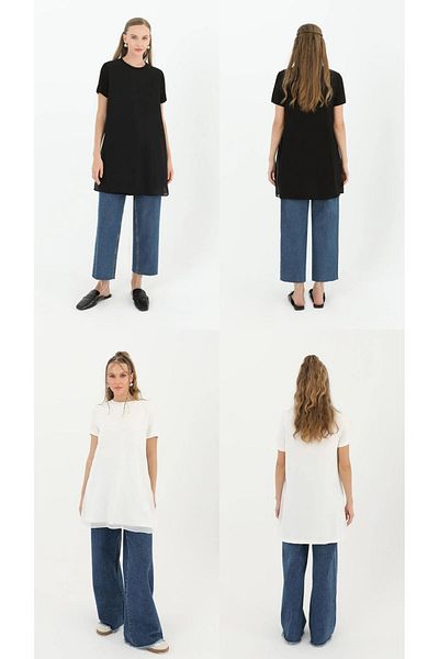Nisa Luxury Boutique 10271 Puane Black and White Double Set Half Sleeve Chiffon Detail Underwear Tunic