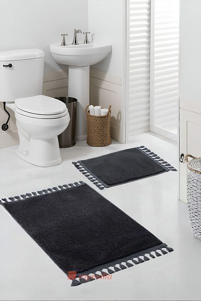 Myevilla Simirna Pompom Fringed Plush Washable Non-Slip Bath Mat 2-Piece Toilet Set Anthracite