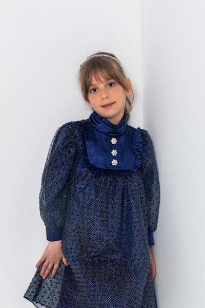 Riccotarz Дівчача сукня з плямистим і блискучим підкладкою та воланами на комірі, темно-синя