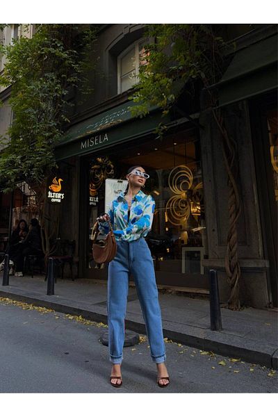 Moda Lounge Pantaloni Mom Jean din Lycra cu talie înaltă