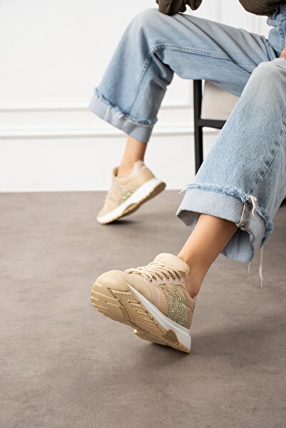 ShoeTek Beatriz Kadın Sneakers Yandan Taşlı Bağcıklı Spor Ayakkabı Bej