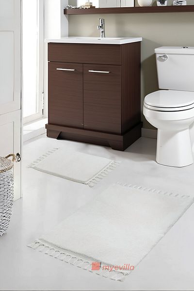 Myevilla Simirna Pompom Fringed Plush Washable Non-Slip Bath Mat 2-Piece Toilet Set Cream