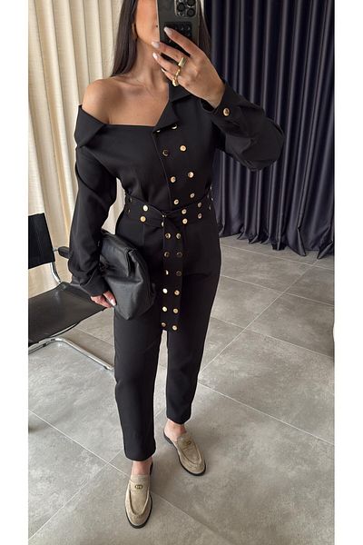 HARMONY GLOBAL Women's Black Gold Snap Fastener Shoulder Detailed Belted Design Jumpsuit 7255