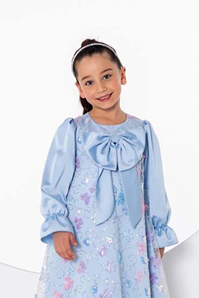 Riccotarz Дівчача сукня з стрічкою на грудях і метеликами на рукавах, з іспанськими рукавами, з синього шифону