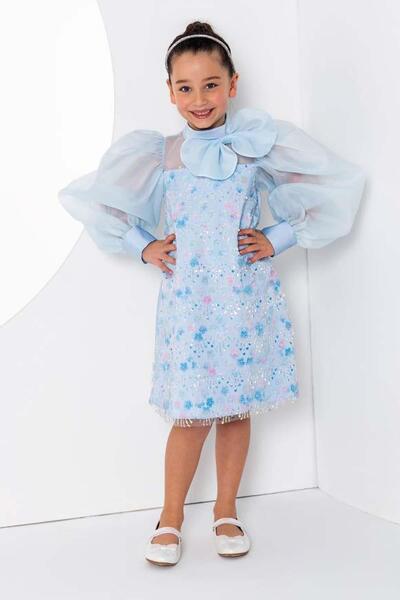 Riccotarz Дівчача сукня з квітковим принтом, вишитим пухнастим мереживом, з бантиком на плечі, прозорою тюлевою спідницею та рукавами-ліхтариками, синього кольору.