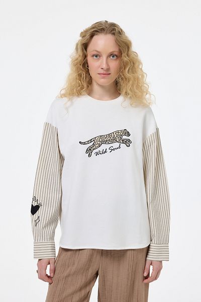 Quzu Leopard Printed Checked Sweatshirt Ecru Color