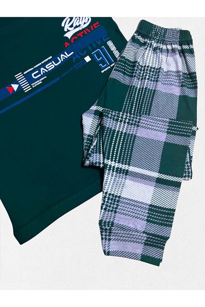 Fil Kids Boys' 100% Cotton Casual Patterned Six Plaid Green Short Sleeve Seasonal Pajamas