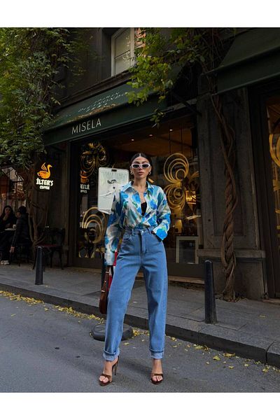 Moda Lounge Pantaloni Mom Jean din Lycra cu talie înaltă