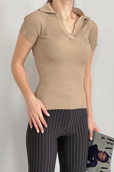 bayansepeti Візон трикотажна тканина V-подібний виріз короткий рукав блуза 0271
