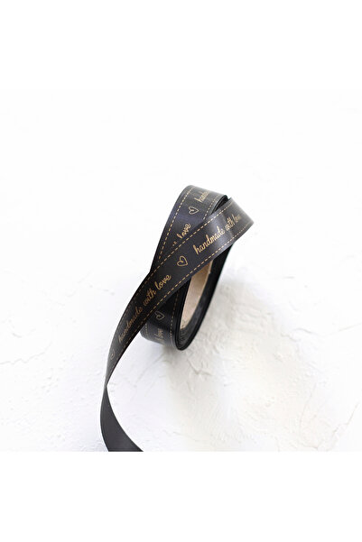 Bimotif Panglică din satin neagră imprimată manual cu dragoste, 1,5 cm 20 metri