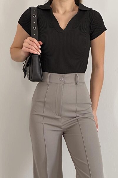 bayansepeti Βιζόν Πλεκτό Ύφασμα V Neck Κοντομάνικη Μπλούζα 0271