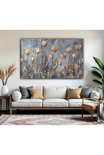 Harika bir ev | Gri BRONZ Renk ÇİÇEK DETAYLI Modeli| TEKLİ YATAY KANVAS TABLO