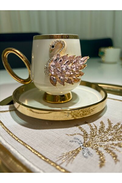 EŞİYOK 2' Zircon Stone Swan Decorated Gold Detailed Coffee Cup (Special Design)