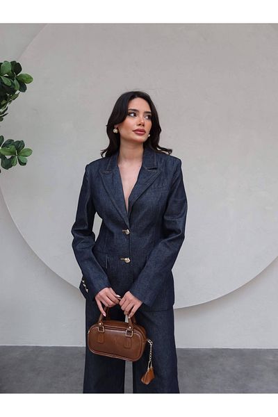ESRAHELVACI Denim Blazer Jacket with Gold Button Detail