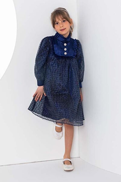 Riccotarz Дівчача сукня з плямистим і блискучим підкладкою та воланами на комірі, темно-синя