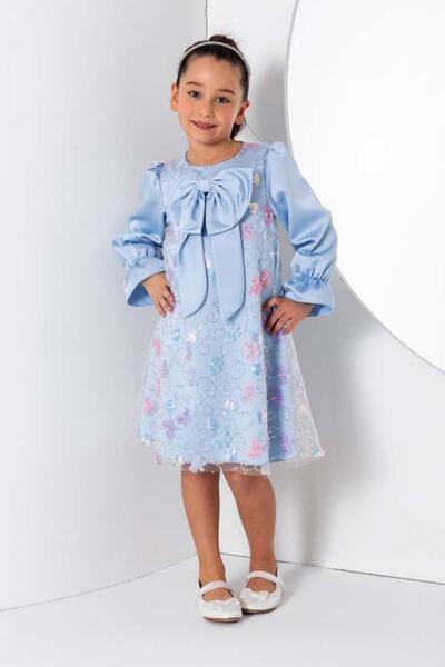 Riccotarz Дівчача сукня з стрічкою на грудях і метеликами на рукавах, з іспанськими рукавами, з синього шифону