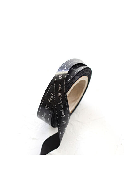Bimotif Panglică din satin negru imprimat manual cu dragoste argintie, 1,5 cm 20 metri
