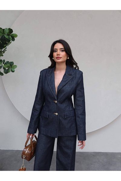 ESRAHELVACI Denim Blazer Jacket with Gold Button Detail