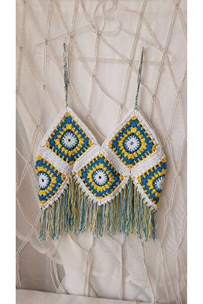 LALDİZAYN El Örgüsü Motifli Crop / El Örgüsü Crop / El Yapımı Ince Askılı Mot...