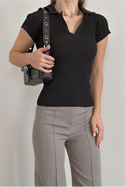 lovebox Women's Stretchy Knitwear Fabric V-Neck Short Sleeve Basic Black Blouse 0271