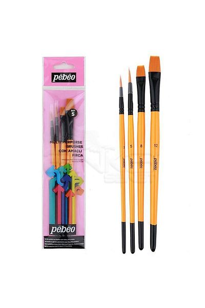 Pebeo Multi-Purpose 4Pcs Brush Set Set5 Round and Flat Cut Edge Quality Synthetic Bristle