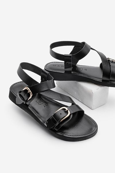 Marjin Lässige Damensandalen aus echtem Leder mit Eva-Sohle und Knöchelriemen und Schnalle in Schwarz