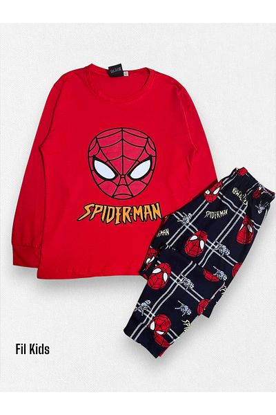 Fil Kids Boys' 100% Cotton Spiderman Patterned Red Long Sleeve Seasonal Pajama Set