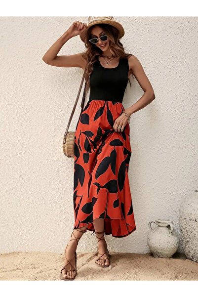 modamtn Eyesof Women's Strappy Round Neck Top Viscose Bottom Patterned Long Single Jersey Dress