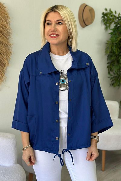By Esra Celkan Navy Blue Tansel Pocket Wide Collar Jacket