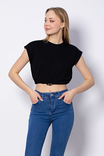 BARRELS AND OIL Μπλουζάκι με ελαστική μέση Κοντό - Μαύρο